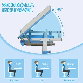 Secretária Infantil 2 em 1 Conjunto de Secretária e Cadeira para Crianças acima de 6 Anos com Altura Ajustável Mesa com Ângulos Regulável e Bandeja De