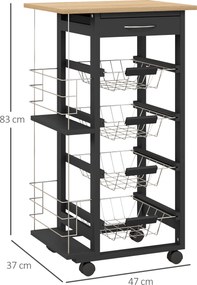 Carrinho de Cozinha com Rodas Carrinho Auxiliar com Gaveta 4 Cestas Amovíveis de Metal e Prateleiras Laterais 47x37x83 cm Preto e Madeira