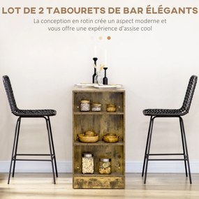 Conjunto de 2 bancos de bar de design boémio, com 66 cm de altura, com apoio para os pés em metal e rattan PE - preto