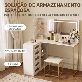 Toucador de Maquilhagem com Espelho LED Banco 5 Gavetas 2 Compartimentos e 2 Prateleiras em Vidro Branco