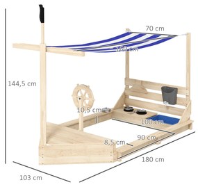 Caixa de Areia para Crianças de Madeira com Toldo Brinquedos de Cozinha e Forma de Barco para Jardim 180x103x145 cm Natural