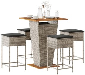 vidaXL 5 pcs conjunto de bar p/ jardim c/ almofadões vime PE cinzento