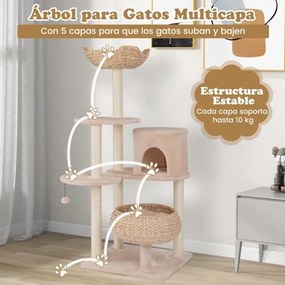 Arranhador para gatos de 5 camadas 146 CM com postes de arranhar de sisal Almofadas Bege