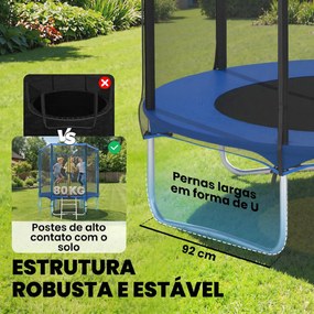 Trampolim para Crianças Exterior Ø183 cm com Rede de Segurança Escada de 2 Degraus Cobertura de Molas Saco de Armazenamento Azul