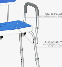 Banco de duche ergonómico com altura ajustável e pés antiderrapantes, 56,5 x 53,5 x 87 cm, branco e azul