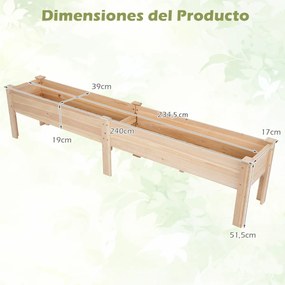 Floreira elevada de madeira retangular 240 x 43,5 x 51,5 cm com pés e orifícios de drenagem para horta urbana exterior, ideal para legumes e flores –