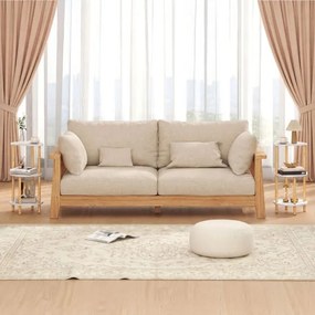 Conjunto de 2 mesas apoio redondas de bambu com 3 níveis e prateleiras de arrumação, para colocar na sala e no quarto, Branco + natural