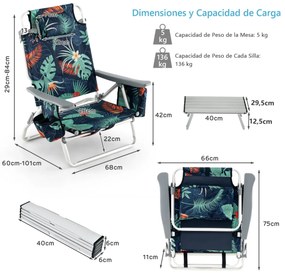 Conjunto de 2 cadeiras reclináveis de exterior com estrutura de alumínio e mesa de jardim, piscina campismo, praia dobraveis Multicolor