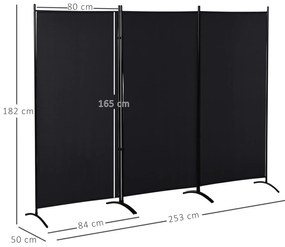Biombo de 3 Paineis Separador de Ambientes Dobrável Biombo de Privacidade com 6 Pés de Metal 253x50x182 cm Preto