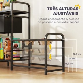 Comedouro Elevado para Cães com Gaveta em Tecido 2 Taças de Aço Inoxidável 2x800 ml 89,5x27x74 cm Altura Ajustável 2 Prateleiras Preto