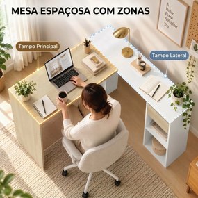 Secretária de Canto em L 120x110 cm com Gaveta e 2 Prateleiras, Branco e cor Natural