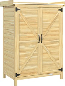 Outsunny Armário de Jardim em Madeira com Teto de Metal, Prateleiras e Ganchos para Armazenamento de Ferramentas, 71,5x39x95 cm | Aosom Portugal