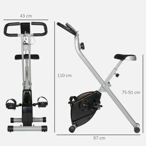 Bicicleta Estática Dobrável Silenciosa com 8 Níveis de Resistência Monitor LCD Assento Ajustável e Rodas Cinza