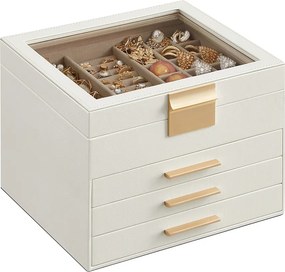 Caixa para joias de 4 níveis com tampa de vidro 20,3 x 23,1 x 16,5 cm Ideia para presente Branco-nuvem e dourado