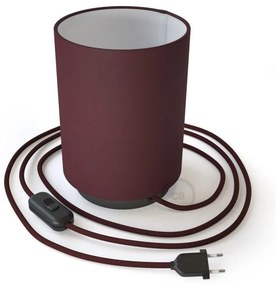 Posaluce em metal com abajur Cilindro Canvas Bordeaux, com lâmpada, cabo de tecido, interruptor e ficha bipolar