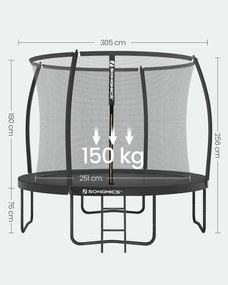 Trampolim de 305 cm de diâmetro, de jardim para crianças com rede de segurança, barras curvas com 180 cm de altura, cobertura de borda, escada, estrut