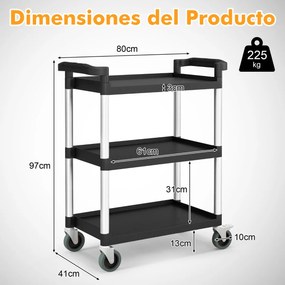 Carrinho multifuncional 80 x 41 x 97 cm de 3 níveis com rodas bloqueáveis e alças duplas, estrutura em alumínio para cozinha ou garagem, preto