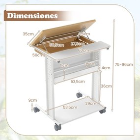 Secretária portátil 60 x 50 x 75-96 cm com rodas e mesa inclinável em 6 posições Compartimento oculto Prateleiras Painéis perfurados em forma de C Nat
