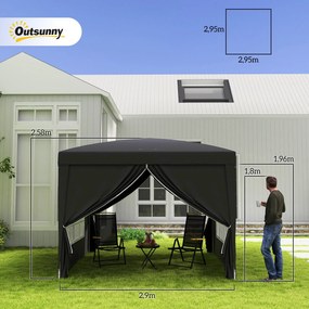 Tenda de recepção 3 x 3 m dobrável tipo barnum pop-up, com 4 paredes removíveis + saco de transporte preto