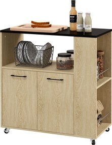 Carrinho de Cozinha com Rodas 2 Portas Prateleira Ajustável Porta-Especiarias para Sala de Jantar 75x40x80,5 cm Madeira