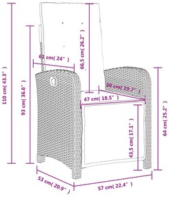 3 pcs conjunto de jantar p/ jardim c/ almofadões vime PE cinza