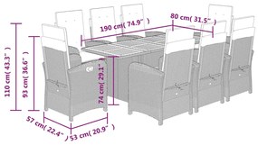 9 pcs conjunto de jantar p/ jardim c/ almofadões vime PE cinza