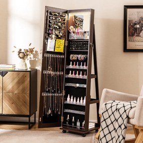 Armário para joias com fechadura 40 x 38 x 164 cm com Espelho de maquilhagem LED com 3 cores Prateleiras ajustáveis e rodas universais Castanho Escuro