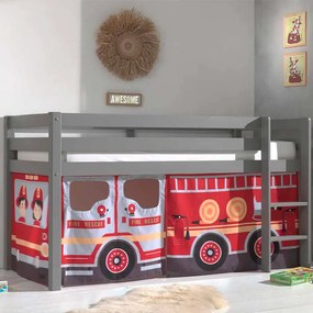 Cama alta de Criança PINO 90 x 200 cm + estrado + escada + cortina Bombeiros Cinzenta