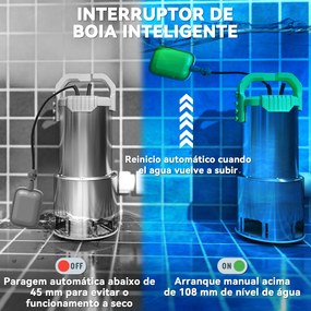 Bomba Submersível de Águas Residuais 1100W com Capacidade de 18000 l/h e Interruptor de Flutuador 16x15x40 cm Prata