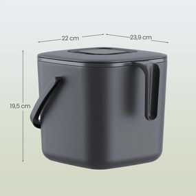Cubo de compostagem à prova de odores com tampa e pega, 4 L, 24 x 20 x 19,5 cm, cinzento