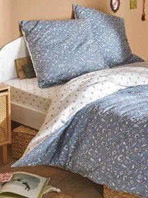 Conjunto capa de edredon + fronha de almofada para criança, reversível, em algodão reciclado, India Blue azul estampado