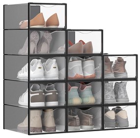 Conjunto de 12 caixas de plástico para sapatos até tamanho 43 transparente-preto