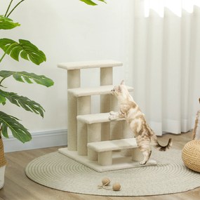 Escada para animais de estimação com 4 degraus 61 x 41 x 60 cm, revestimento com efeito de lã encaracolada, cor creme