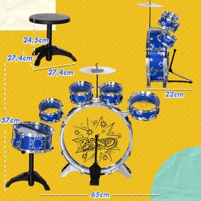 Bateria Infantil com Banco Bateria para Crianças acima de 3 Anos com Pedal e Baqueta Desenho de Estrelas 65x22x57 cm Azul