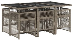 7 pcs conjunto de jantar p/ jardim c/ almofadões vime PE cinza