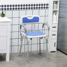 Banco de duche ergonómico com altura ajustável e pés antiderrapantes, 56,5 x 53,5 x 87 cm, branco e azul
