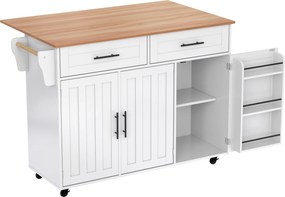 Grande ilha de cozinha com tampo extensível dobrável, 5 rodízios (2 com travão) , 129x46/71x91,5 cm, Branco+Cor natural| AOSOM Portugal