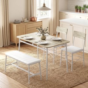 Conjunto de mesa de jantar com 2 cadeiras e um banco, assentos estofados, para sala de estar, espaços pequenos, em cor carvalho e branco