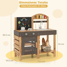 Cozinha Ar Livre para Crianças com Quadro Preto Fogões Pia Torneira Forno Acessórios de Cozinha e Prateleiras cor Natural