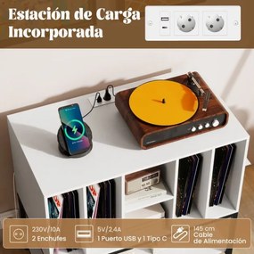 Suporte para gira-discos e Discos de vinil 80 x 45 x 79,5 cm com estação de carregamento, 6 compartimentos e prateleira aberta Brano