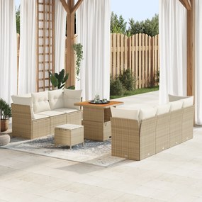 Conjunto de Sofá de Jardim com Almofadas de 10 Peças Bege Rattan Poliéster Acácia