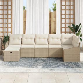 Conjunto de Sofá de Jardim 7 Peças com Almofadas Bege Rattan Poly