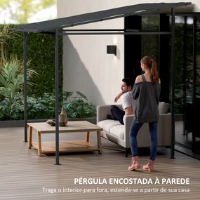 Pérgola de Parede 2,4x2,4 m Pérgola de Jardim com Teto Inclinado Proteção UV 30+ Impermeável e Estrutura de Metal Cinza