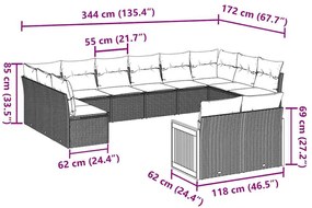 12 pcs conjunto de sofás de jardim c/ almofadões vime PE preto