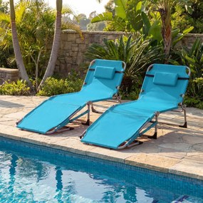 Conjunto de 2 Espreguiçadeiras de Praia Dobráveis, 166 x 60 x 35 cm, Encosto e Apoio para os Pés Ajustáveis, Azul