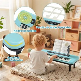 Teclado de 37 teclas para crianças com microfone, suporte e pés removíveis para maiores de 3 anos Azul