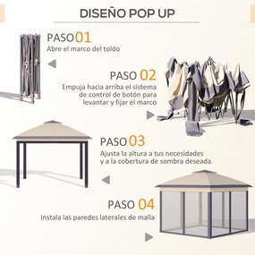 Outsunny Pérgola Dobrável Exterior 3,3x3,3x2,88m com Altura Ajustável Pérgola de Jardim com Duplo Teto 4 Mosquiteiras Removíveis e Bolsa de Transporte para Acampamento Festas Bege
