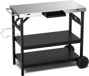 Carrinho de jantar para exterior com Estante ajustável Suporte ajustável para preparação de alimentos 106 x 52 x 84cm Preto e prateado
