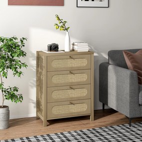 Cómoda com 4 gavetas, móvel de arrumação de estilo boémio com portas em resina trançada, 70 x 38 x 93 cm, efeito de madeira natural