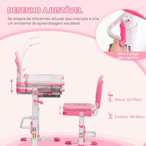 HOMCOM Conjunto de Secretária e Cadeira para Crianças acima de 3 Anos Secretária Infantil com Altura Ajustável Mesa Inclinável Gaveta Lâmpada LED e Suporte para Lápis 80x49,5x80-105cm e 36x34x60-73cm Rosa